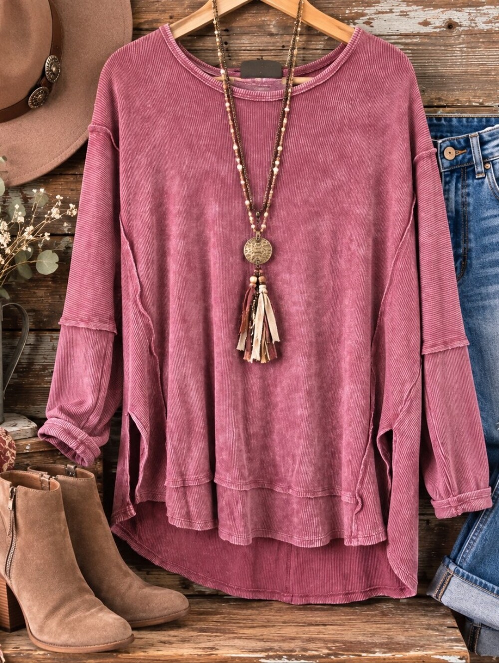 Easel Los Angeles Berry Mineral Wash Ribbed High Low Boho Top Large